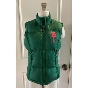 US Polo Assn. Women's Puffer Vest Size Medium Green Pink Large‎ Pony Quilted